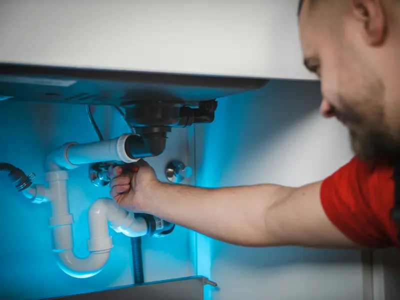 A plumber working on the drain pipes under a sink